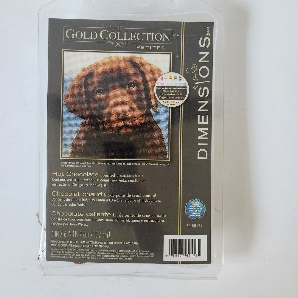 New! Dimensions Gold Collection Petites Hot Chocolate Lab Cross Stitch Kit 6x6